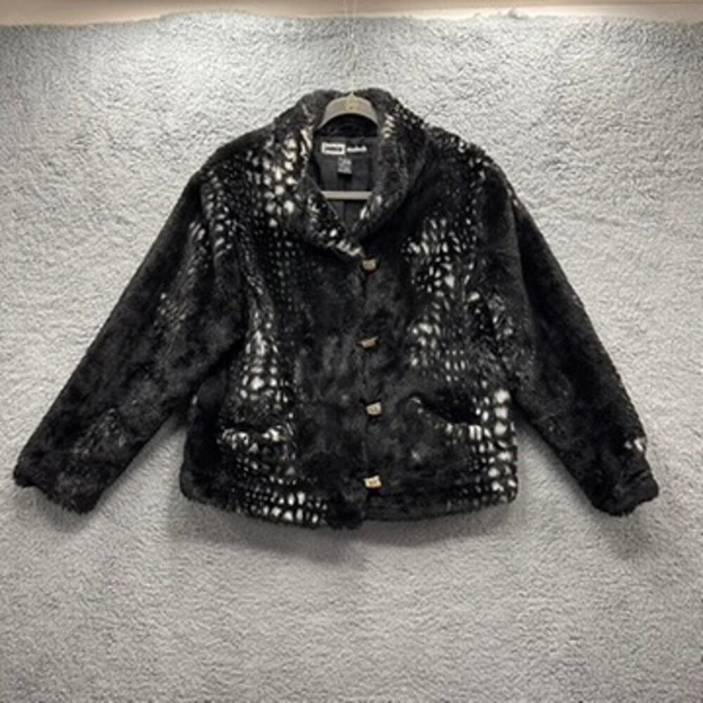 Jamie Sadock Women's Medium Faux Fur‎ Black White Button Up Jacket Lined Winter